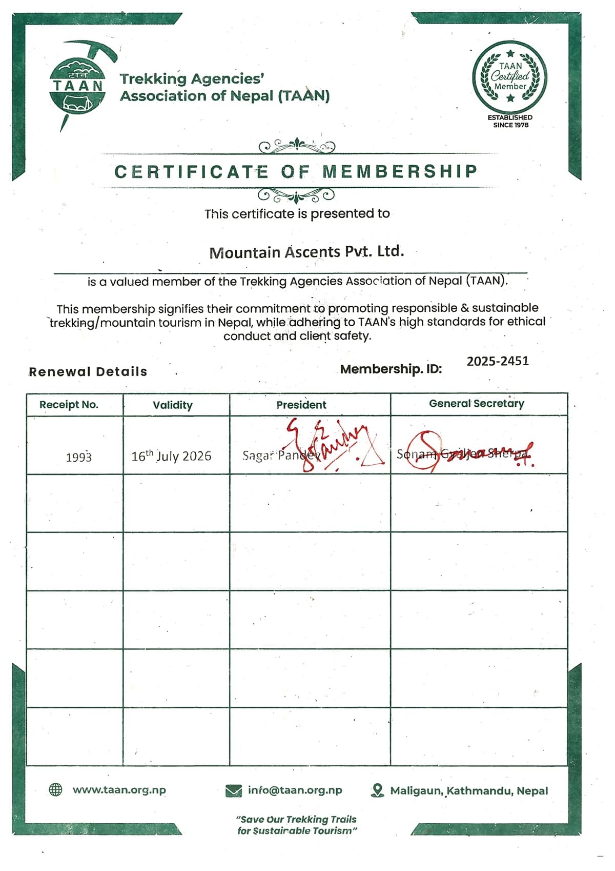 Certificate of TAAN
